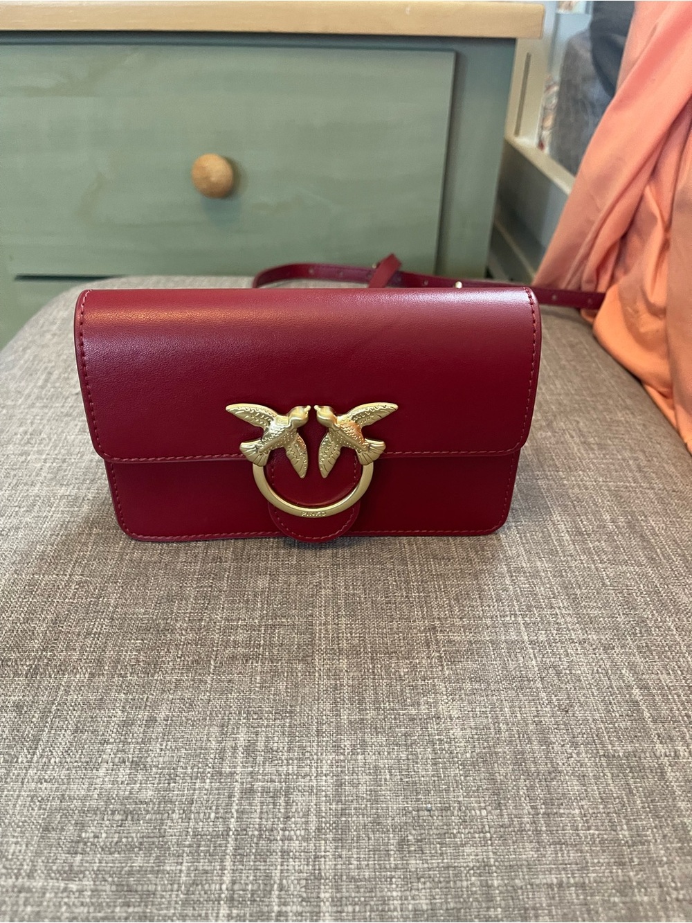 Pinko Red Leather Crossbody with Gold Bird Ring